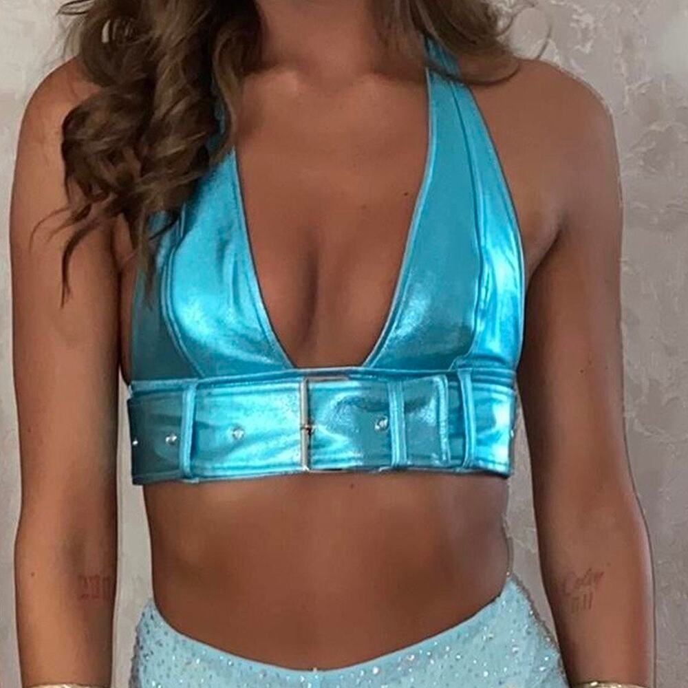 Bratz x Oh Polly Y2K Metallic Aqua Blue Belted Plunge Halter Festival Crop Top 4